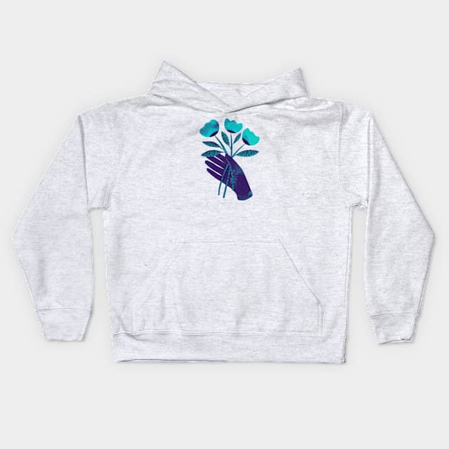 Dark purple blue hand with turquoise flowers for you on yellow Kids Hoodie by iulistration